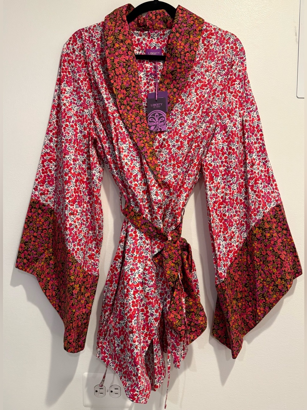 NWT Liberty of London 100% Cotton Kimono Short Sz L Robe Tie Waist Berry Branch